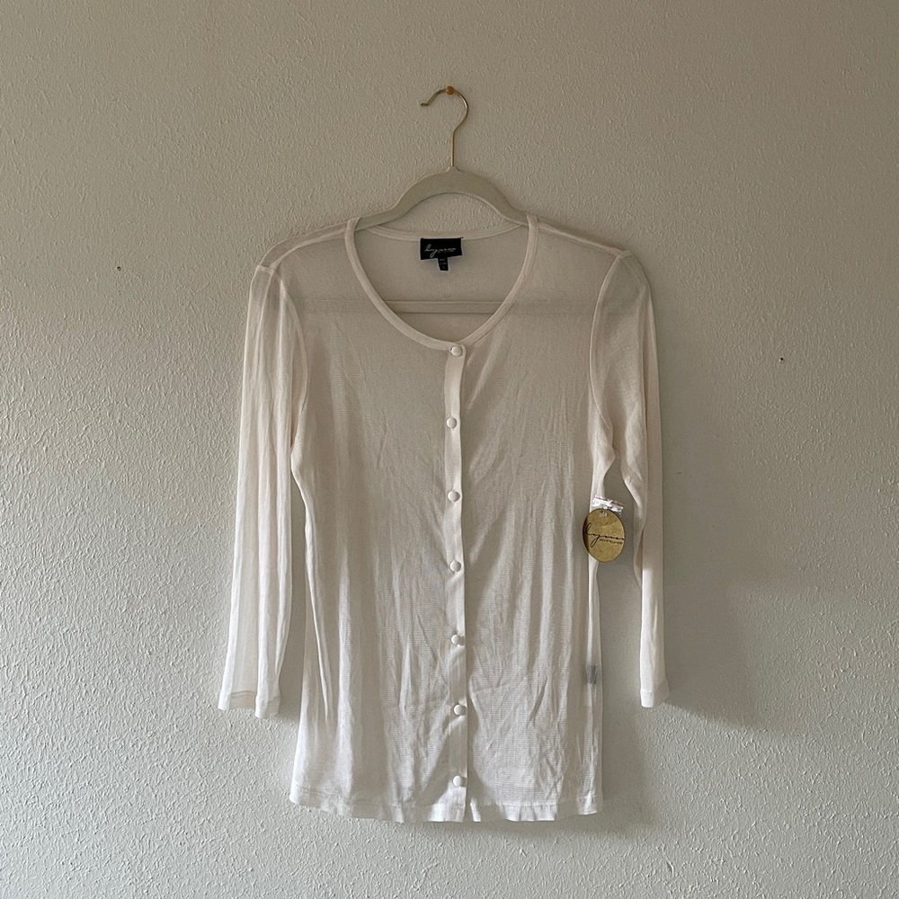 Lynn Ritchie Silk Cardigan Scoop Button Up Lightweight Layering Sweater Ivory S